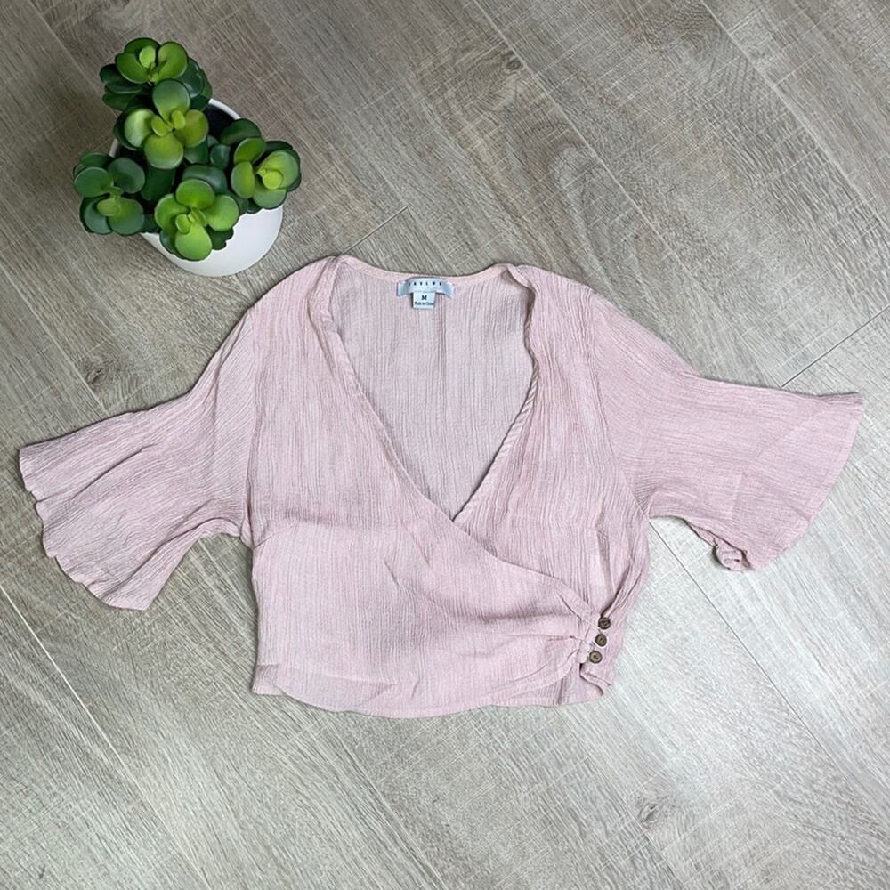 FAVLUX Women's Pink Crop V-Neck Wrap Top Flutter Sleeve Blouse